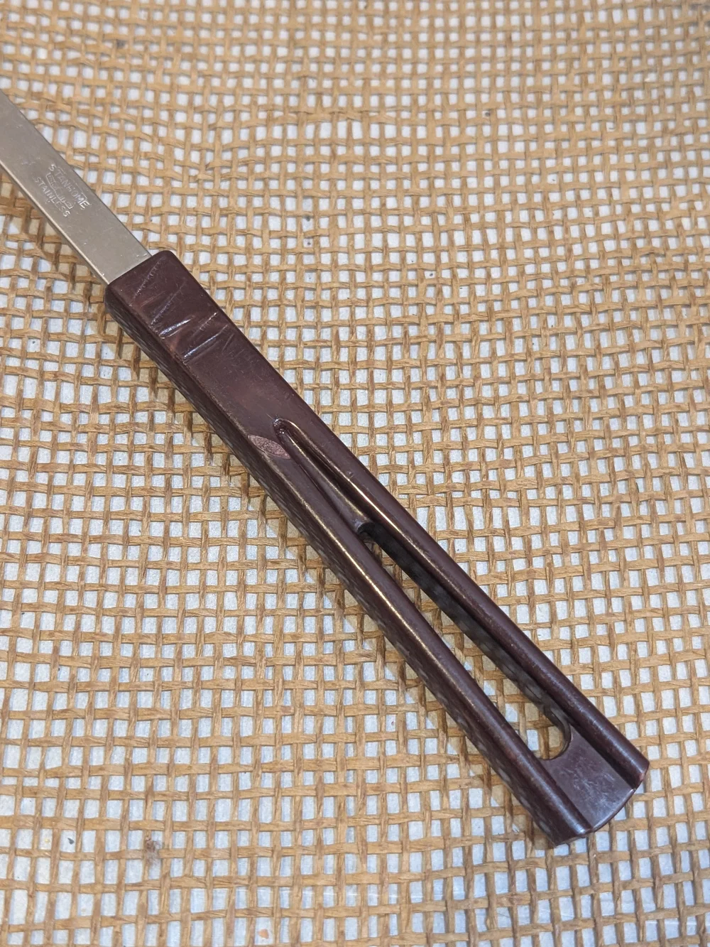 Vintage Stanhome Slotted Metal Turner with Marbled Brown Handle